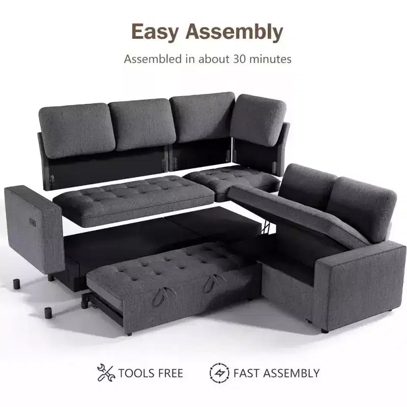 Dyonery L-Shaped Modular Sleeper Sectional Sofa, 5-Seat Chenille Pull-Out Couch with USB, Storage Chaise