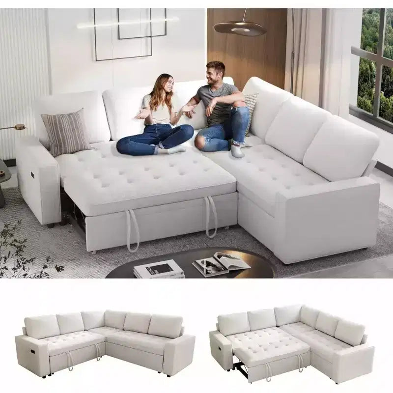 Dyonery L-Shaped Modular Sleeper Sectional Sofa, 5-Seat Chenille Pull-Out Couch with USB, Storage Chaise