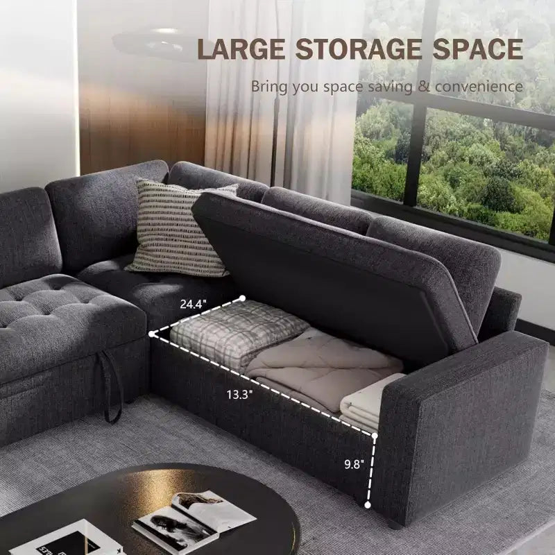 Dyonery L-Shaped Modular Sleeper Sectional Sofa, 5-Seat Chenille Pull-Out Couch with USB, Storage Chaise