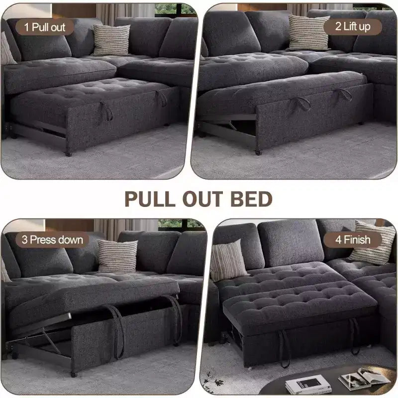 Dyonery L-Shaped Modular Sleeper Sectional Sofa, 5-Seat Chenille Pull-Out Couch with USB, Storage Chaise