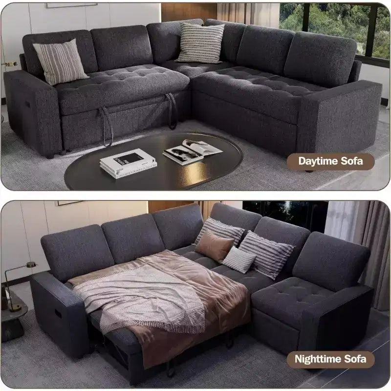 Dyonery L-Shaped Modular Sleeper Sectional Sofa, 5-Seat Chenille Pull-Out Couch with USB, Storage Chaise