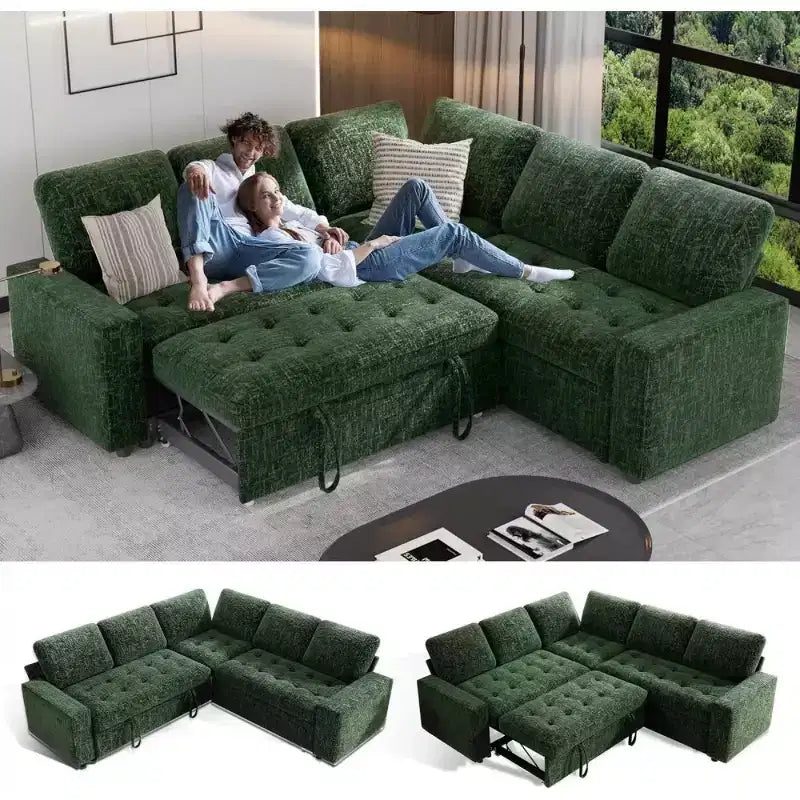 Dyonery L-Shaped Modular Sleeper Sectional Sofa, 5-Seat Chenille Pull-Out Couch with USB, Storage Chaise