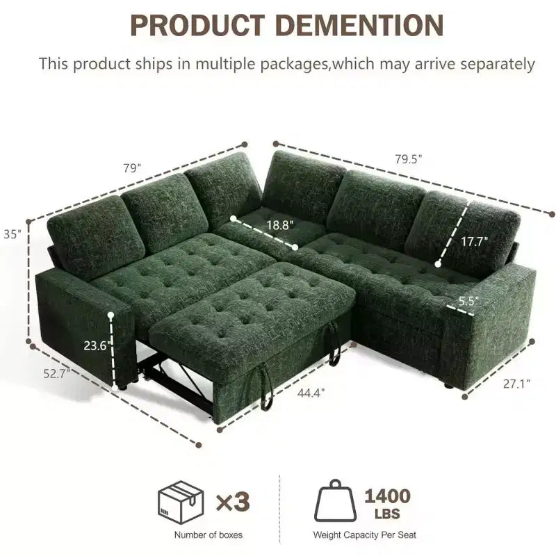 Dyonery L-Shaped Modular Sleeper Sectional Sofa, 5-Seat Chenille Pull-Out Couch with USB, Storage Chaise