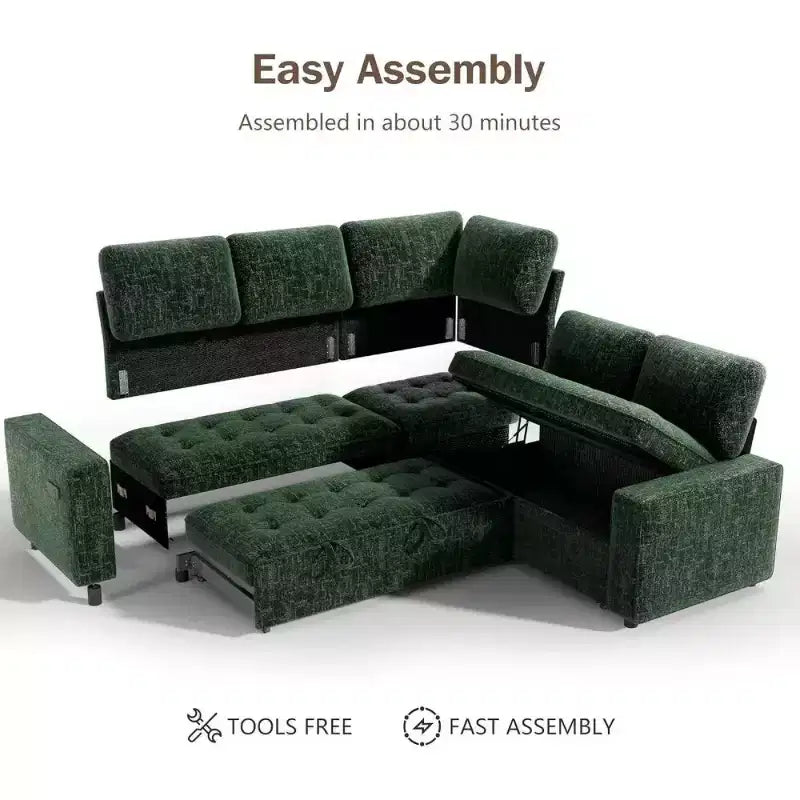 Dyonery L-Shaped Modular Sleeper Sectional Sofa, 5-Seat Chenille Pull-Out Couch with USB, Storage Chaise