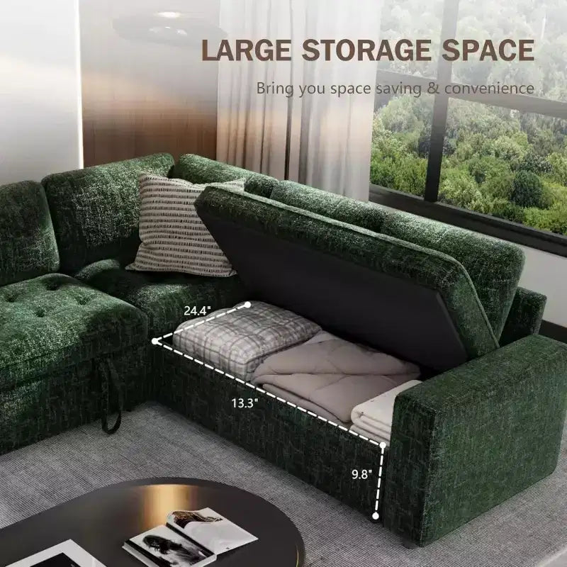Dyonery L-Shaped Modular Sleeper Sectional Sofa, 5-Seat Chenille Pull-Out Couch with USB, Storage Chaise