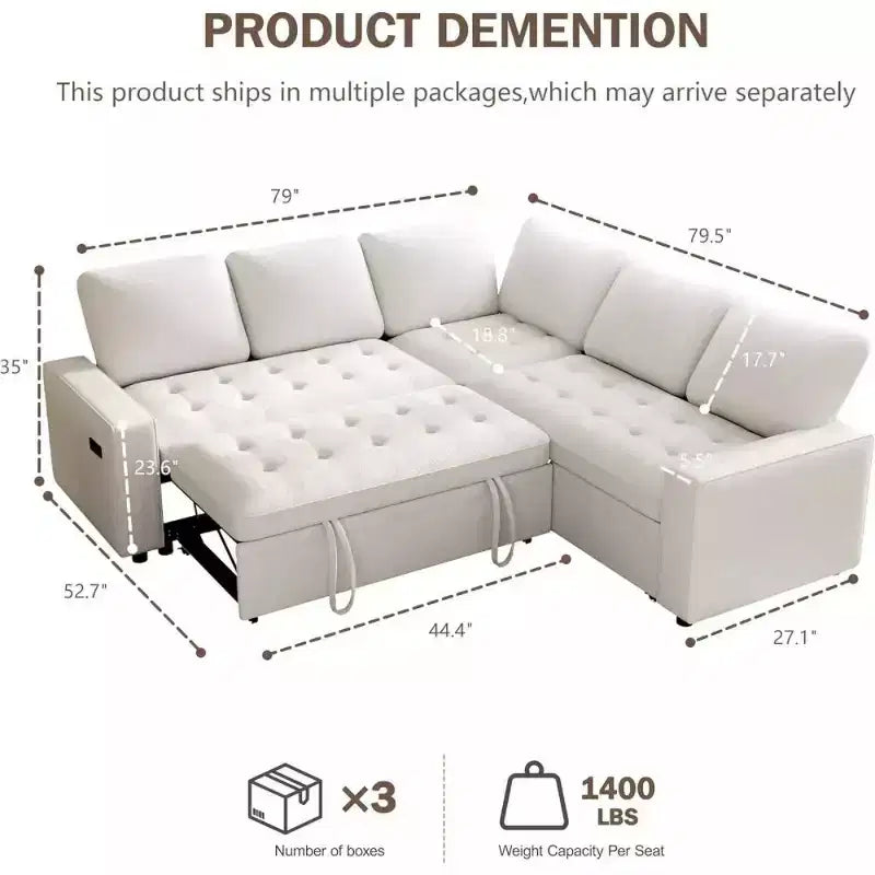 Dyonery L-Shaped Modular Sleeper Sectional Sofa, 5-Seat Chenille Pull-Out Couch with USB, Storage Chaise