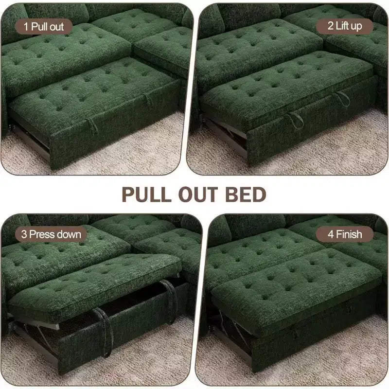 Dyonery L-Shaped Modular Sleeper Sectional Sofa, 5-Seat Chenille Pull-Out Couch with USB, Storage Chaise