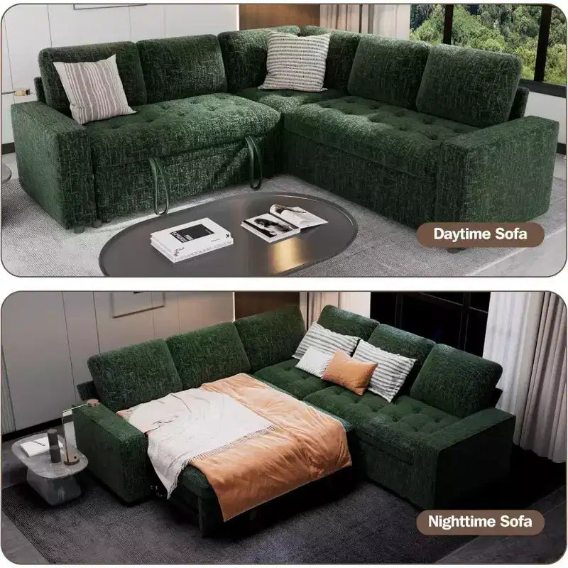 Dyonery L-Shaped Modular Sleeper Sectional Sofa, 5-Seat Chenille Pull-Out Couch with USB, Storage Chaise
