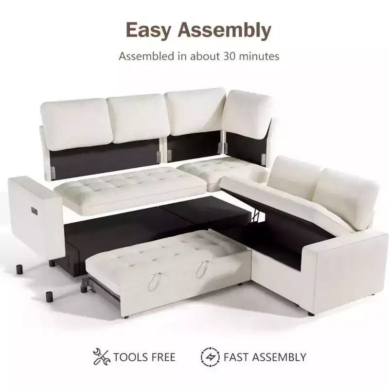 Dyonery L-Shaped Modular Sleeper Sectional Sofa, 5-Seat Chenille Pull-Out Couch with USB, Storage Chaise