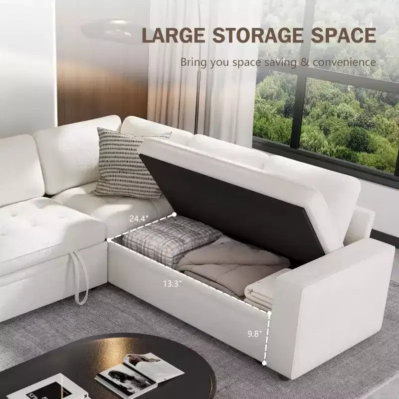 Dyonery L-Shaped Modular Sleeper Sectional Sofa, 5-Seat Chenille Pull-Out Couch with USB, Storage Chaise