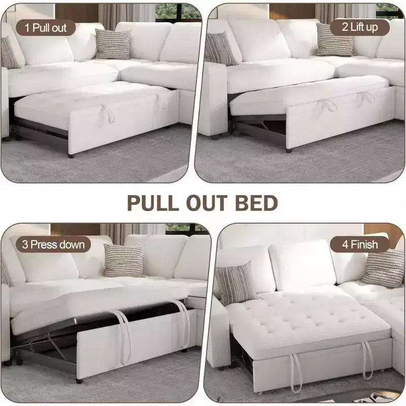 Dyonery L-Shaped Modular Sleeper Sectional Sofa, 5-Seat Chenille Pull-Out Couch with USB, Storage Chaise