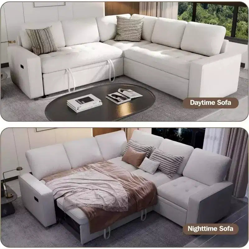Dyonery L-Shaped Modular Sleeper Sectional Sofa, 5-Seat Chenille Pull-Out Couch with USB, Storage Chaise