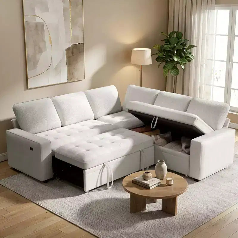 Dyonery L-Shaped Modular Sleeper Sectional Sofa, 5-Seat Chenille Pull-Out Couch with USB, Storage Chaise