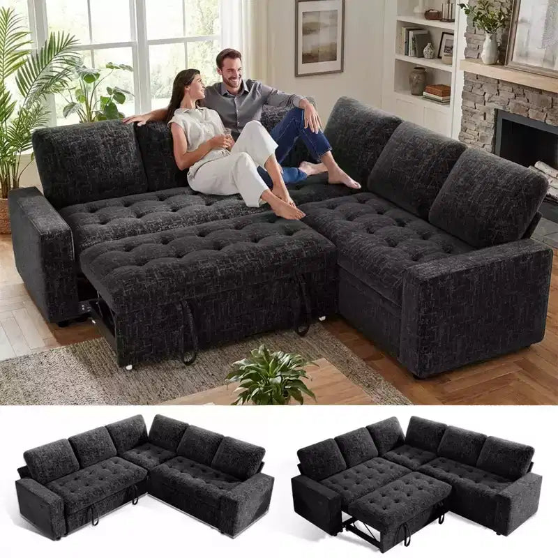 Sofá Seccional Modular Dyonery en Forma de L con Cama, Sofá Cama Extraíble de 5 Plazas de Chenilla con USB, Chaise con Almacenamiento