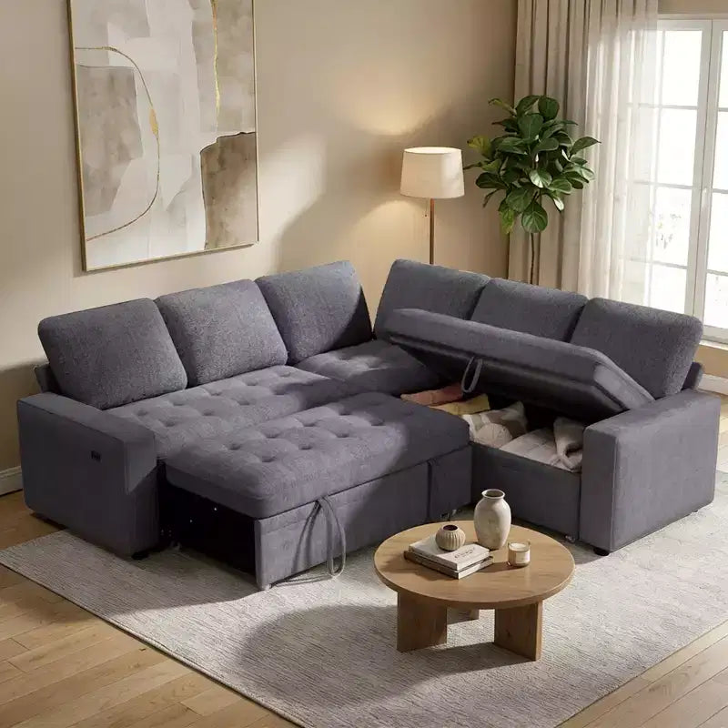 Sofá Seccional Modular Dyonery en Forma de L con Cama, Sofá Cama Extraíble de 5 Plazas de Chenilla con USB, Chaise con Almacenamiento