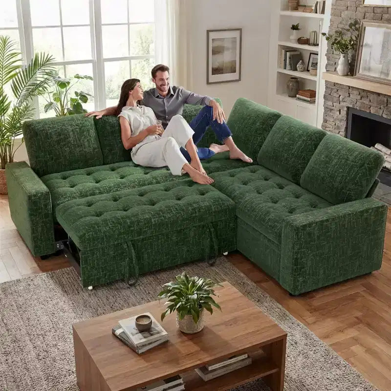 Sofá Seccional Modular Dyonery en Forma de L con Cama, Sofá Cama Extraíble de 5 Plazas de Chenilla con USB, Chaise con Almacenamiento