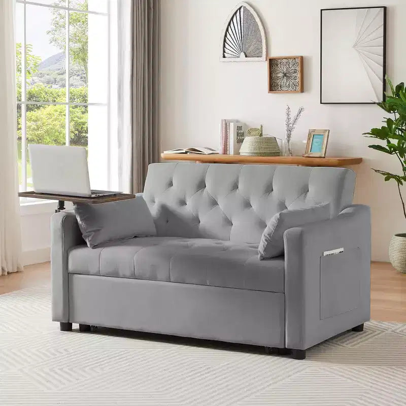 Sofa Bed, Futon Couches for Living Room with Side Pocket Adjustable Backrest Velvet Fabric Pull Out Couch Small Loveseat Sectional Sofa Bed