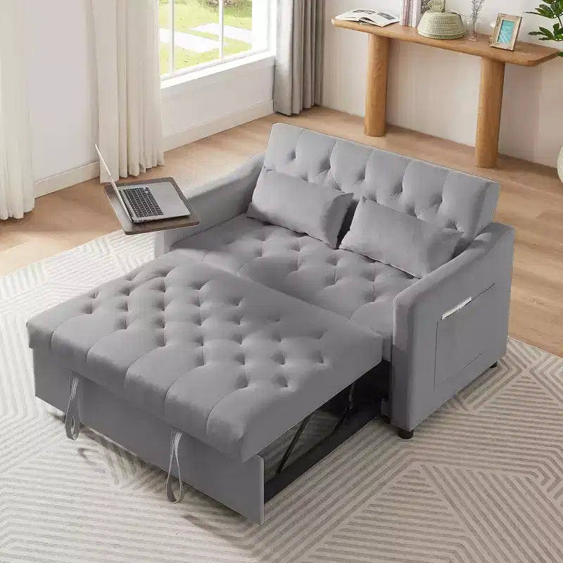 Sofa Bed, Futon Couches for Living Room with Side Pocket Adjustable Backrest Velvet Fabric Pull Out Couch Small Loveseat Sectional Sofa Bed