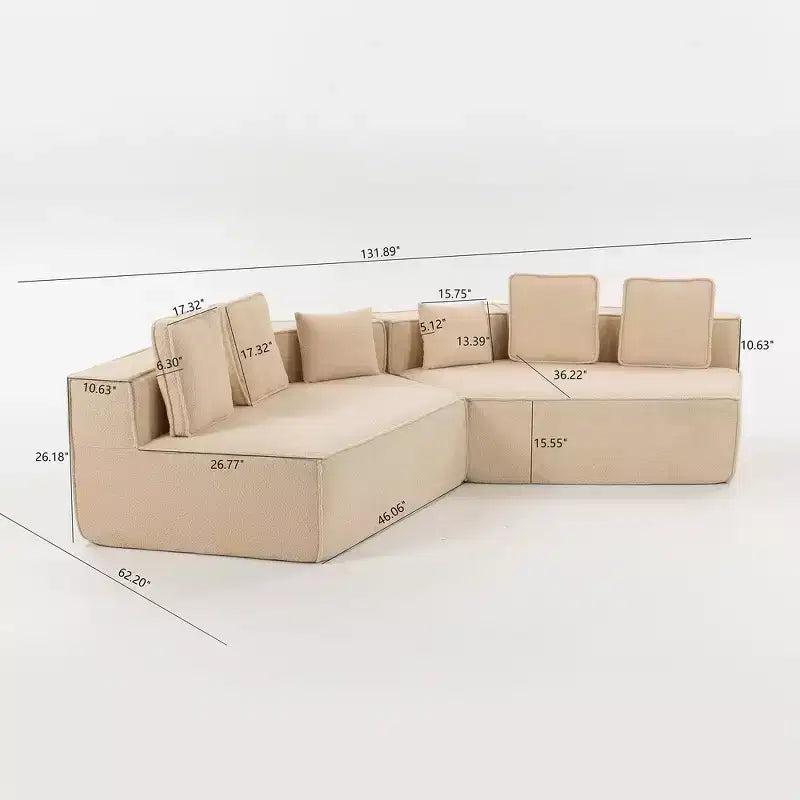 Whisen 132 Oversized Teddy Fabric Modular Sectional Sofa, Modern Full-Foam Couch with Six Cushions
