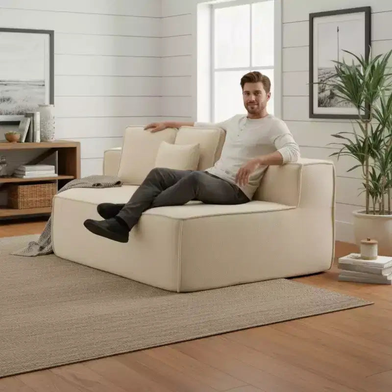 Whisen 132 Oversized Teddy Fabric Modular Sectional Sofa, Modern Full-Foam Couch with Six Cushions