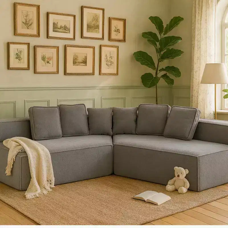 Whisen 132 Oversized Teddy Fabric Modular Sectional Sofa, Modern Full-Foam Couch with Six Cushions