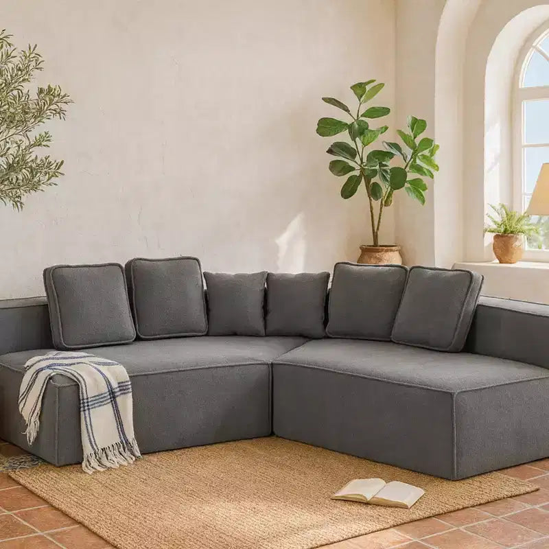 Whisen 132 Oversized Teddy Fabric Modular Sectional Sofa, Modern Full-Foam Couch with Six Cushions