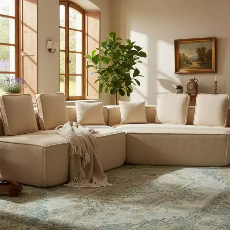Whisen 132 Oversized Teddy Fabric Modular Sectional Sofa, Modern Full-Foam Couch with Six Cushions