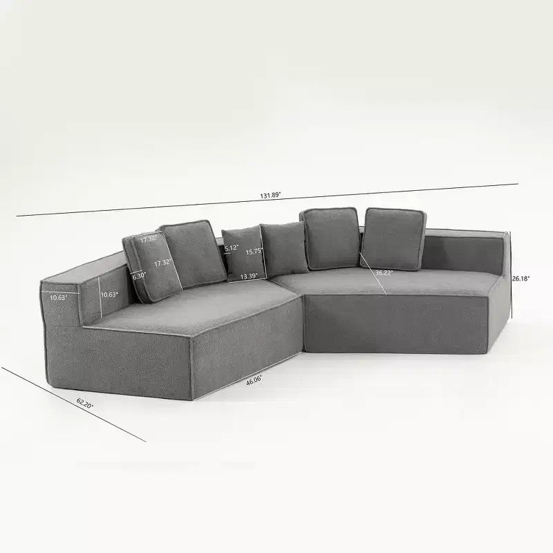 Whisen 132 Oversized Teddy Fabric Modular Sectional Sofa, Modern Full-Foam Couch with Six Cushions