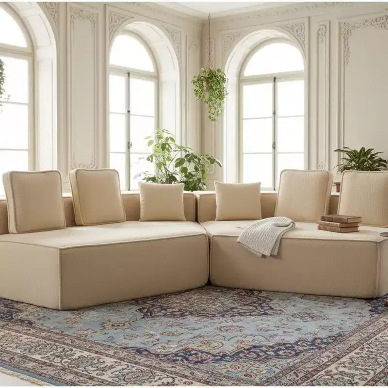 Whisen 132 Oversized Teddy Fabric Modular Sectional Sofa, Modern Full-Foam Couch with Six Cushions