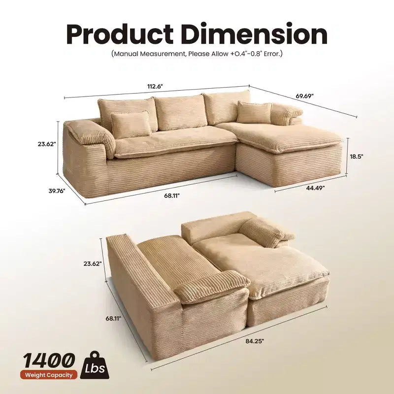 HOMLUX 112 Modern Sectional Sofa with Curved Armrests, Plush Corduroy Upholstery, No Assembly Needed