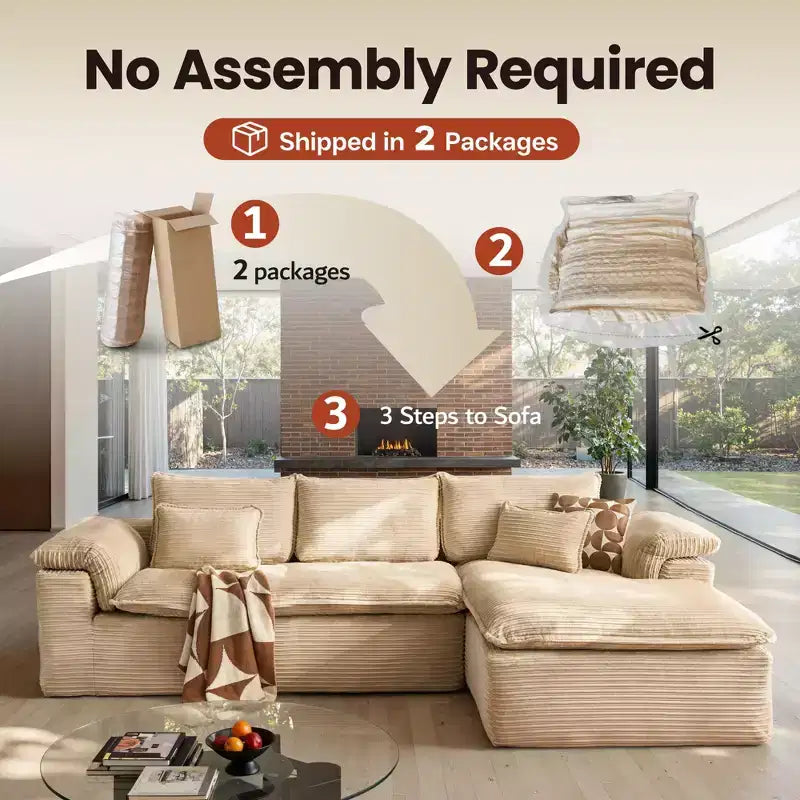 HOMLUX 112 Modern Sectional Sofa with Curved Armrests, Plush Corduroy Upholstery, No Assembly Needed