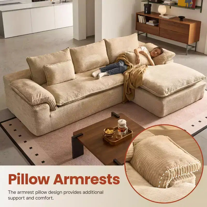 HOMLUX 112 Modern Sectional Sofa with Curved Armrests, Plush Corduroy Upholstery, No Assembly Needed