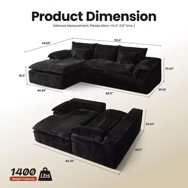 HOMLUX 112 Modern Sectional Sofa with Curved Armrests, Plush Corduroy Upholstery, No Assembly Needed