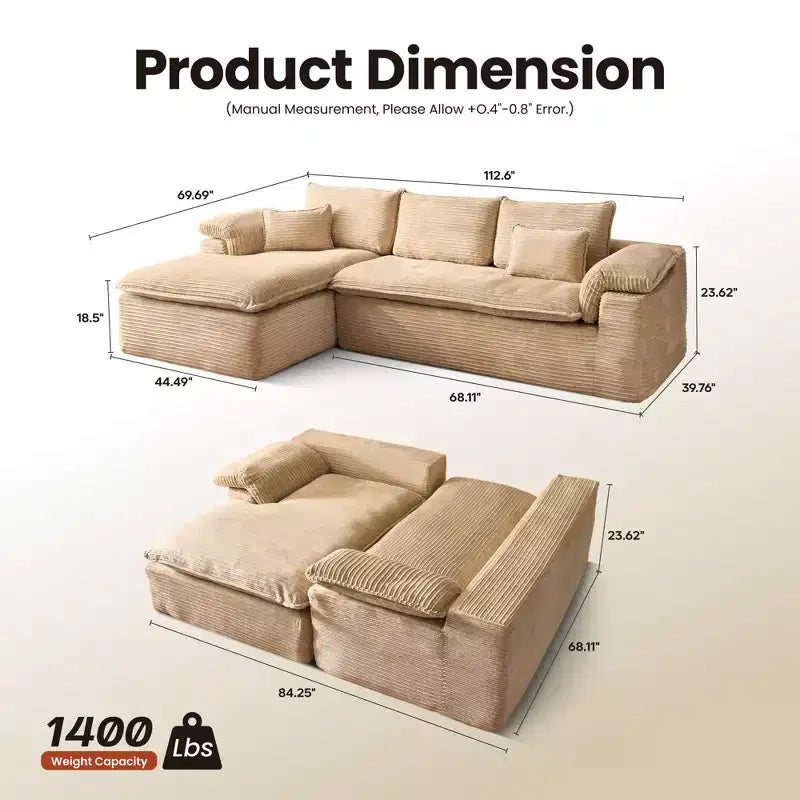 HOMLUX 112 Modern Sectional Sofa with Curved Armrests, Plush Corduroy Upholstery, No Assembly Needed