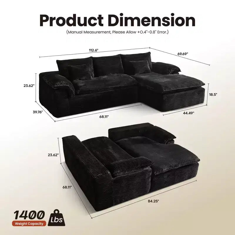 HOMLUX 112 Modern Sectional Sofa with Curved Armrests, Plush Corduroy Upholstery, No Assembly Needed