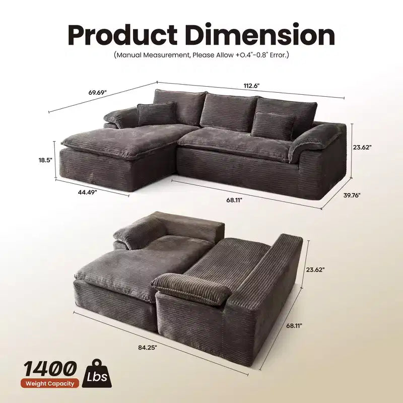 HOMLUX 112 Modern Sectional Sofa with Curved Armrests, Plush Corduroy Upholstery, No Assembly Needed