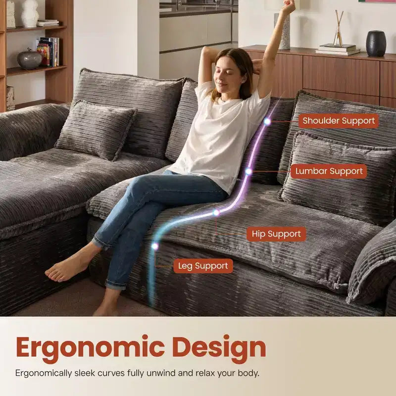 HOMLUX 112 Modern Sectional Sofa with Curved Armrests, Plush Corduroy Upholstery, No Assembly Needed