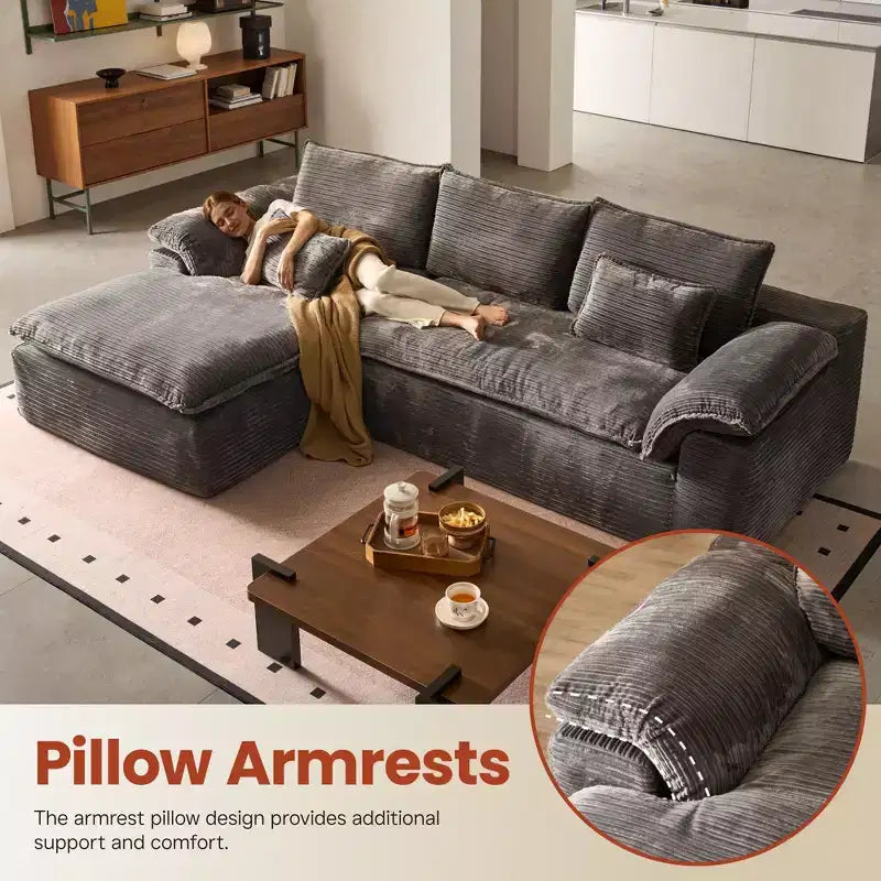 HOMLUX 112 Modern Sectional Sofa with Curved Armrests, Plush Corduroy Upholstery, No Assembly Needed