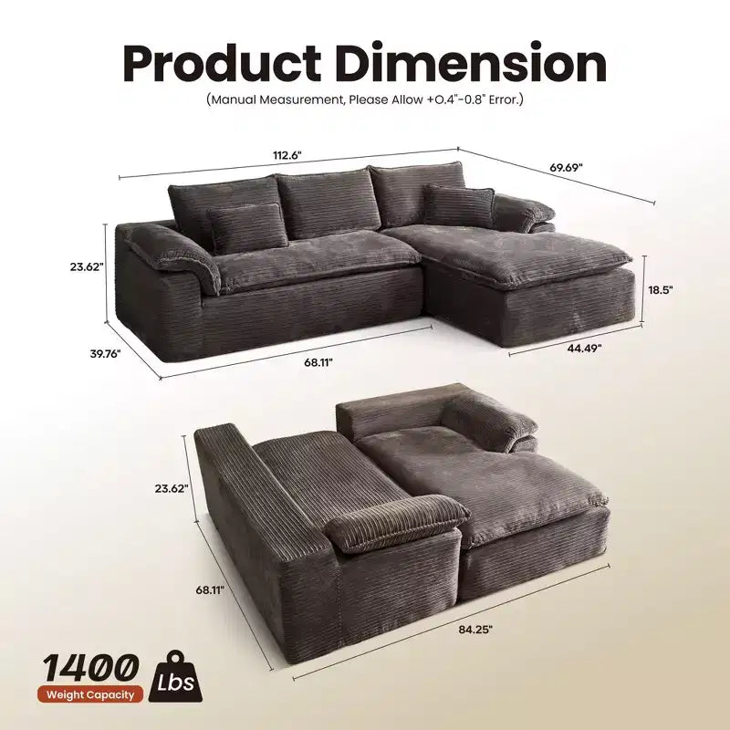 HOMLUX 112 Modern Sectional Sofa with Curved Armrests, Plush Corduroy Upholstery, No Assembly Needed
