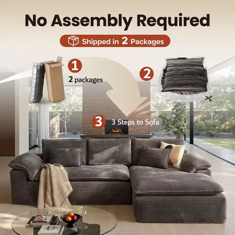 HOMLUX 112 Modern Sectional Sofa with Curved Armrests, Plush Corduroy Upholstery, No Assembly Needed