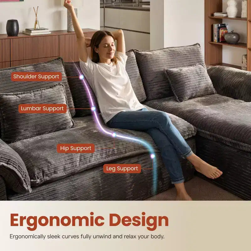 HOMLUX 112 Modern Sectional Sofa with Curved Armrests, Plush Corduroy Upholstery, No Assembly Needed