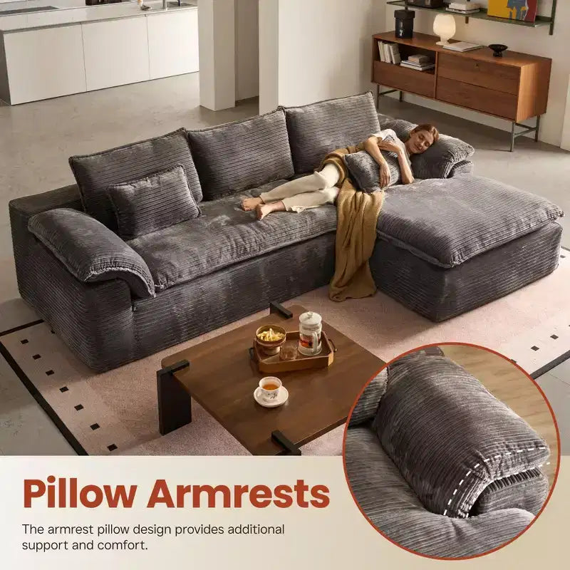 HOMLUX 112 Modern Sectional Sofa with Curved Armrests, Plush Corduroy Upholstery, No Assembly Needed