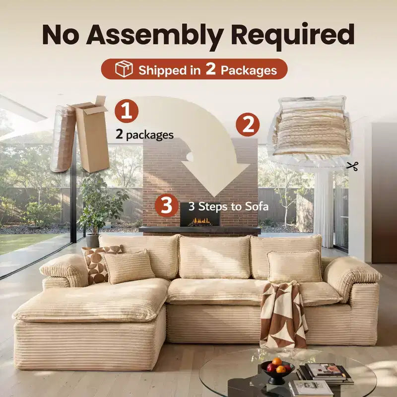 HOMLUX 112 Modern Sectional Sofa with Curved Armrests, Plush Corduroy Upholstery, No Assembly Needed