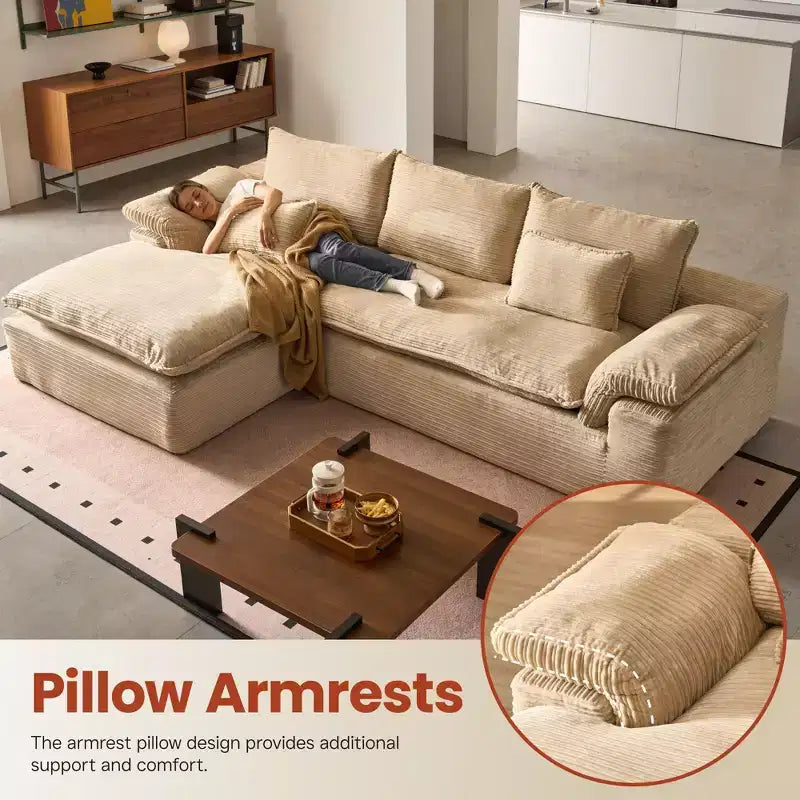 HOMLUX 112 Modern Sectional Sofa with Curved Armrests, Plush Corduroy Upholstery, No Assembly Needed