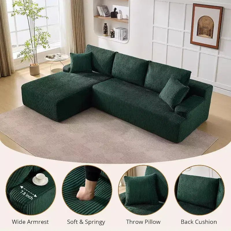 96 Inch L-Shaped Cloud Sectional Couch with Chaise, Boneless Corduroy Couch with Deep Seat, Modern Modular Upholstered Sofa, No Assembly Required