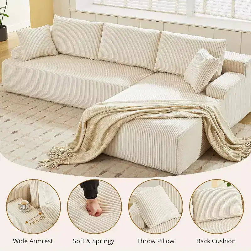 96 Inch L-Shaped Cloud Sectional Couch with Chaise, Boneless Corduroy Couch with Deep Seat, Modern Modular Upholstered Sofa, No Assembly Required