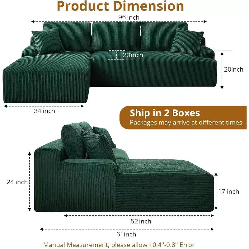 96 Inch L-Shaped Cloud Sectional Couch with Chaise, Boneless Corduroy Couch with Deep Seat, Modern Modular Upholstered Sofa, No Assembly Required