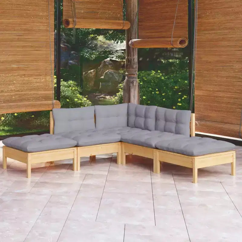 vidaXL Conjunto de Salón para Patio de Madera Maciza de Pino de 5 Piezas con Cojines, Varios Colores