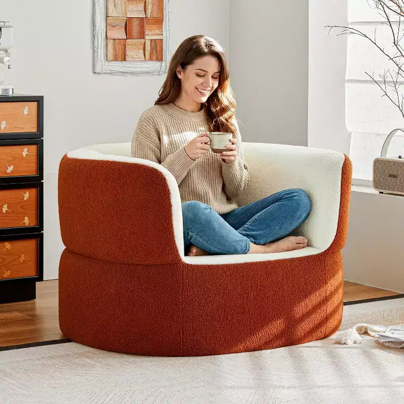 ATJafurn 39.4 Orange Boneless Single Sofa Chair No Assembly Required, Faux Shearling Round Bean Bag Couch with Deep Seat For Balcony Living Room
