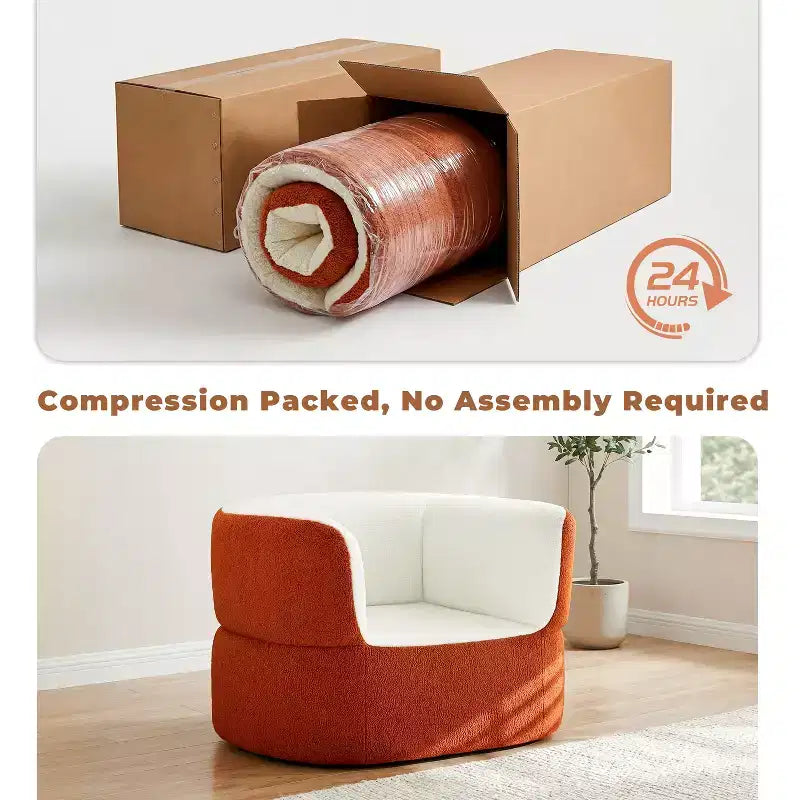 ATJafurn 39.4 Orange Boneless Single Sofa Chair No Assembly Required, Faux Shearling Round Bean Bag Couch with Deep Seat For Balcony Living Room